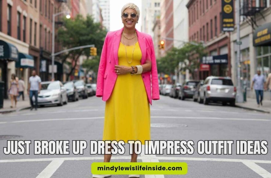 A woman in a vibrant yellow dress and pink blazer stands confidently on a city street, smiling. The scene conveys empowerment and style.