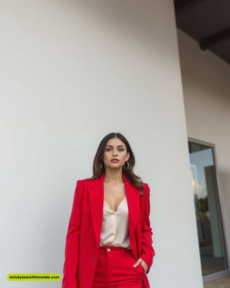 A woman in a vibrant red suit and cream blouse stands confidently against a minimalist white wall. She has long hair and is wearing hoop earrings.