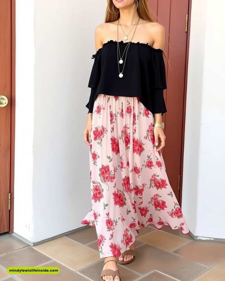 Woman in off-shoulder black top and pink floral maxi skirt, standing near a wooden door. She wears layered necklaces and sandals, exuding a casual, summery vibe.