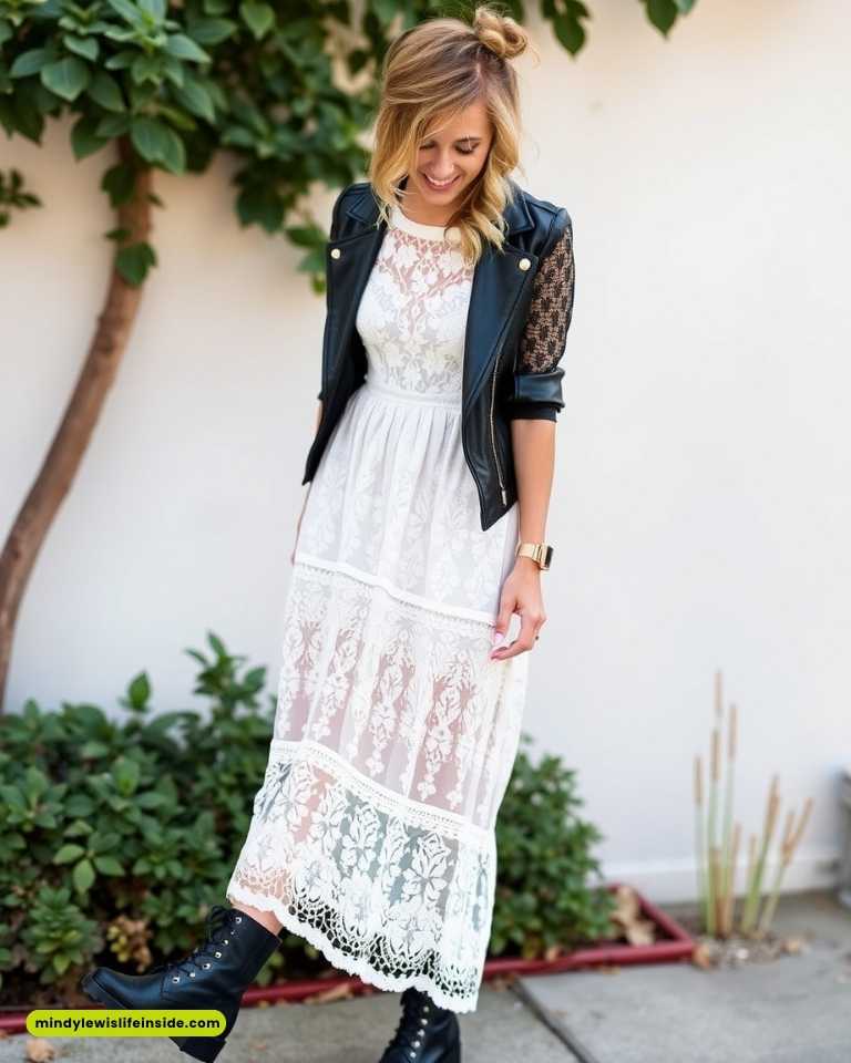 A woman smiles while looking down, wearing a white lace dress, black leather jacket, and black boots. She is standing by a leafy plant.