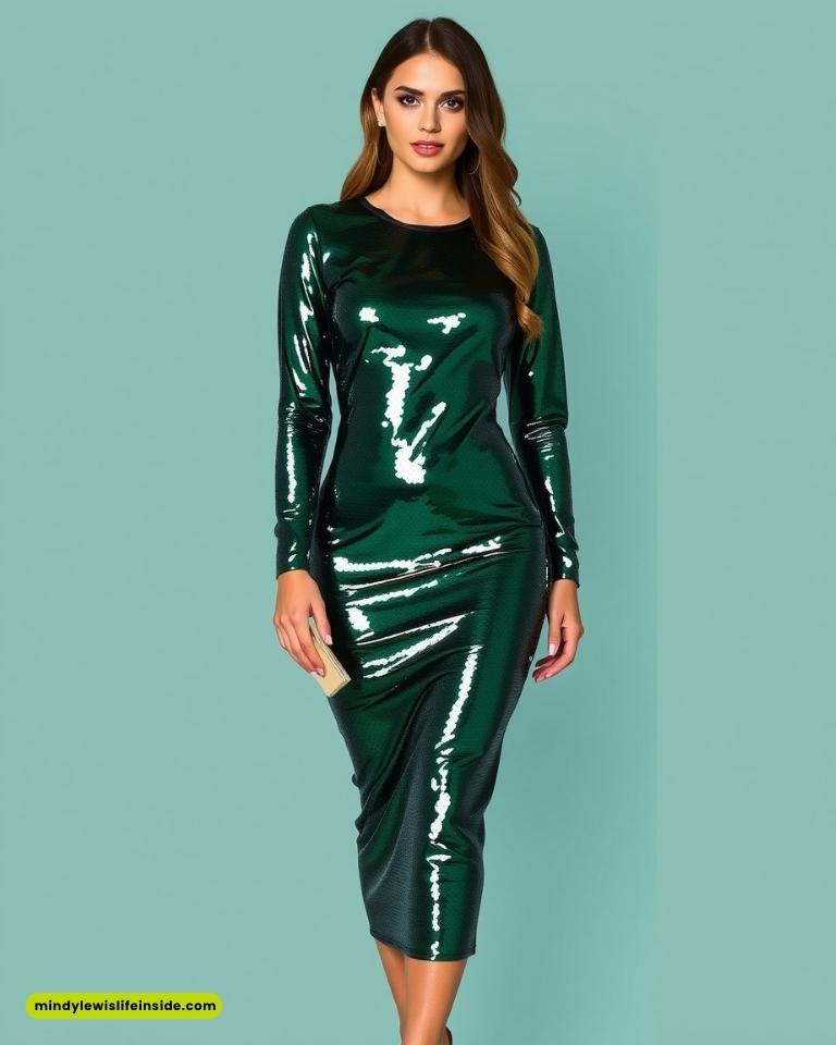 A woman in a shimmering, dark green sequined dress poses confidently against a light teal background, evoking elegance and glamor.