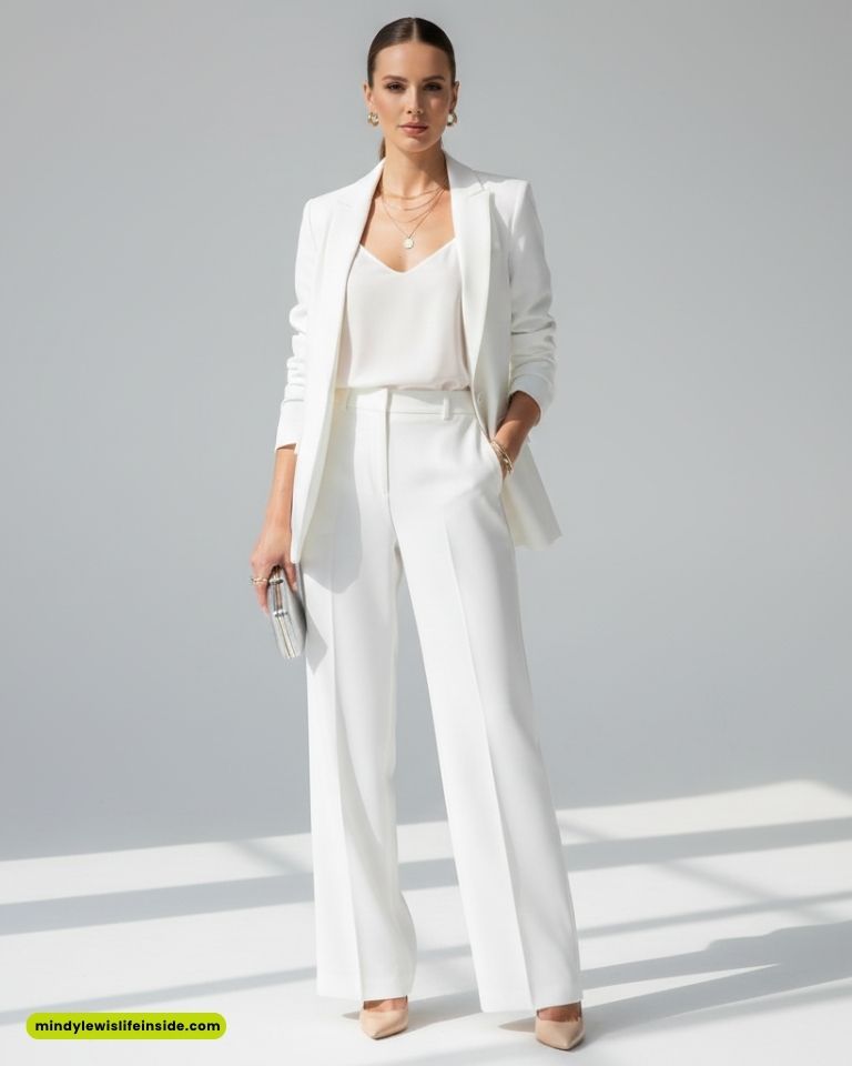 Elegant woman in a white pantsuit stands confidently against a minimalist background. She holds a clutch, exuding sophistication and modern style.