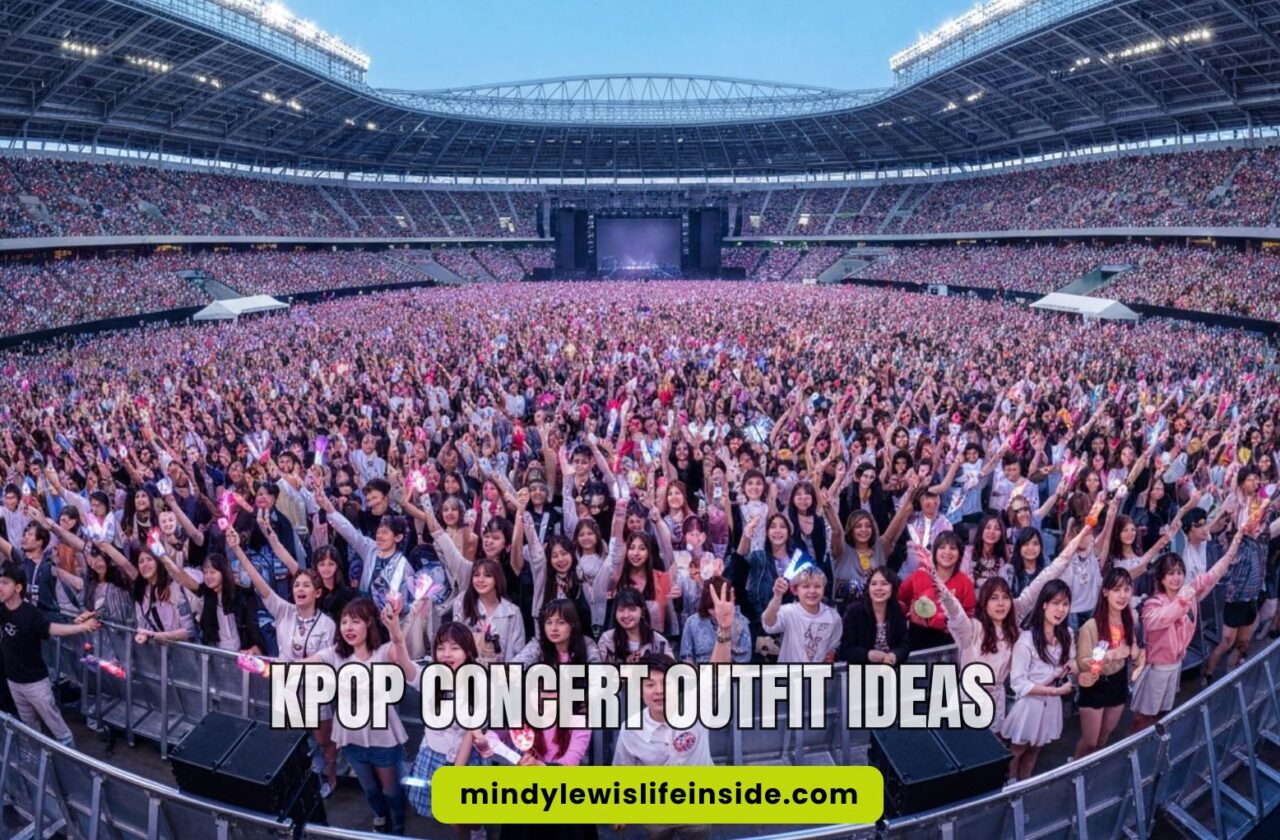 A massive crowd fills a stadium, cheering with glow sticks. The stage is in the distance. Text overlay reads "Kpop Concert Outfit Ideas." The atmosphere is energetic.