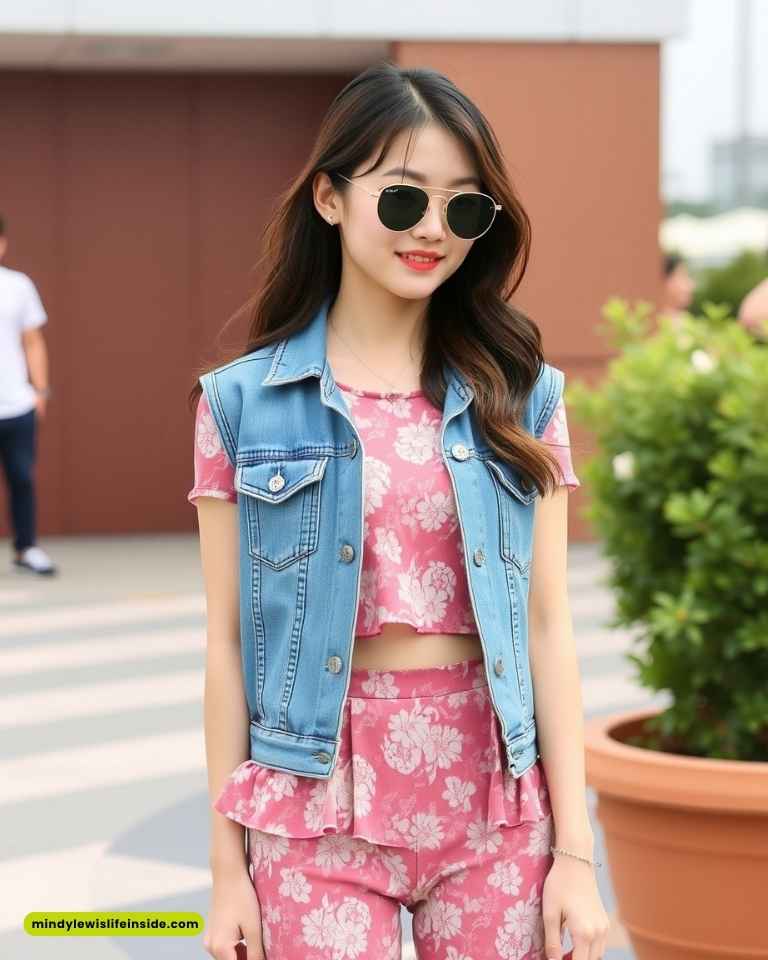 Young woman wearing sunglasses, a denim vest, and a pink floral outfit with a ruffled top and pants. She smiles while standing outdoors near greenery.