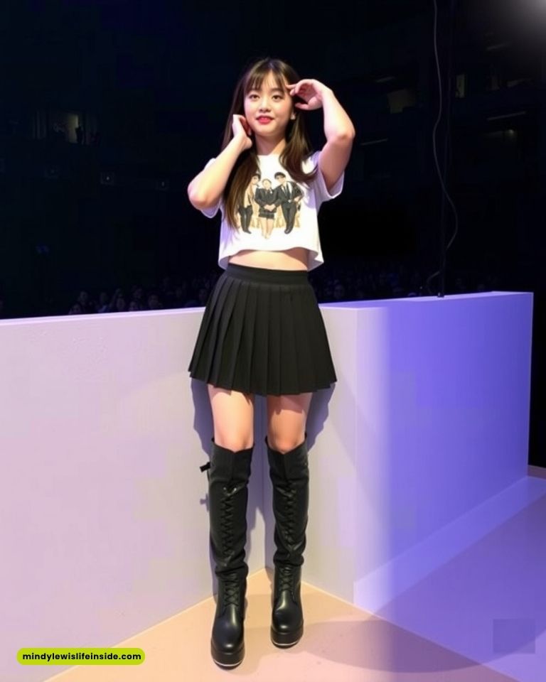 Young woman in a white crop top and black skirt stands confidently onstage. She's wearing tall black boots, smiling, with hands near her face.