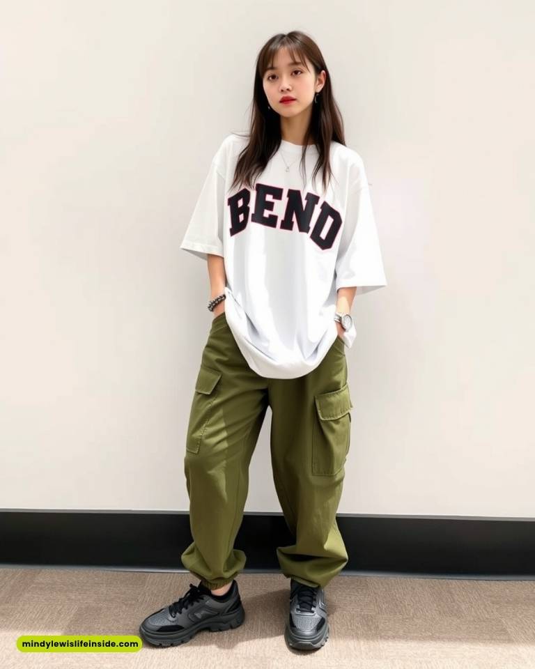 A person stands against a plain wall wearing an oversized white T-shirt with "BEND" printed on it, olive cargo pants, and black sneakers, exuding a casual and relaxed vibe.