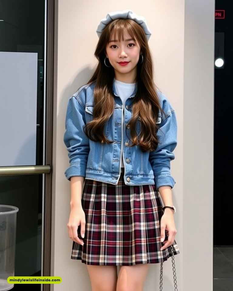 Young woman with long hair wearing a light blue beret, denim jacket, and red plaid skirt, stands smiling in a modern hallway, exuding a cheerful vibe.