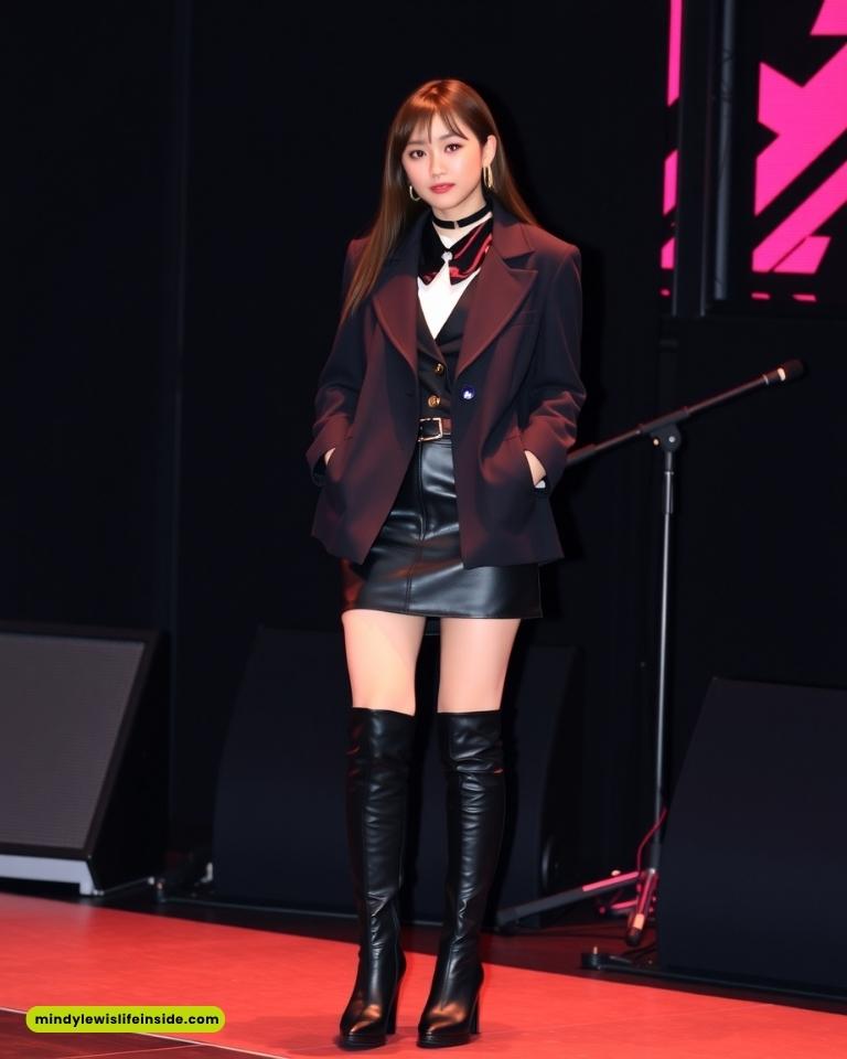 A woman in a stylish black outfit, featuring a blazer and leather skirt, stands confidently on stage. She wears thigh-high boots and exudes a chic, modern vibe.
