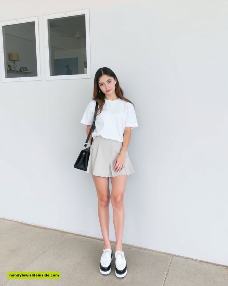 Young woman in a white t-shirt and beige skirt stands casually against a white wall. She carries a black shoulder bag and wears white platform shoes, exuding a relaxed, modern vibe.