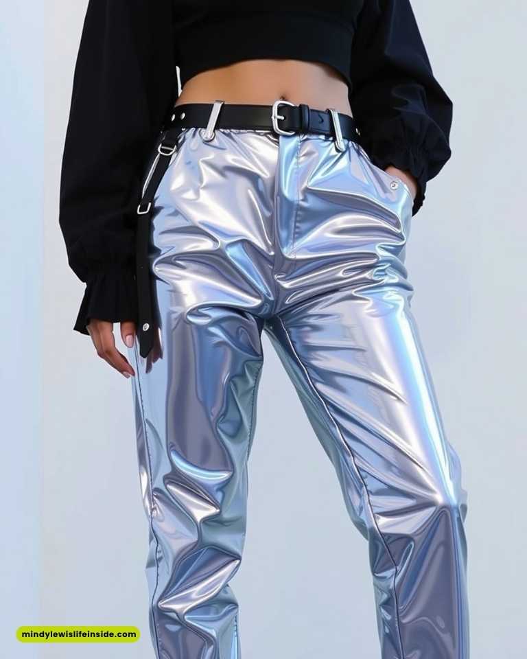 A person stands confidently wearing shiny, reflective silver pants and a black crop top. The futuristic look is edgy and fashion-forward.