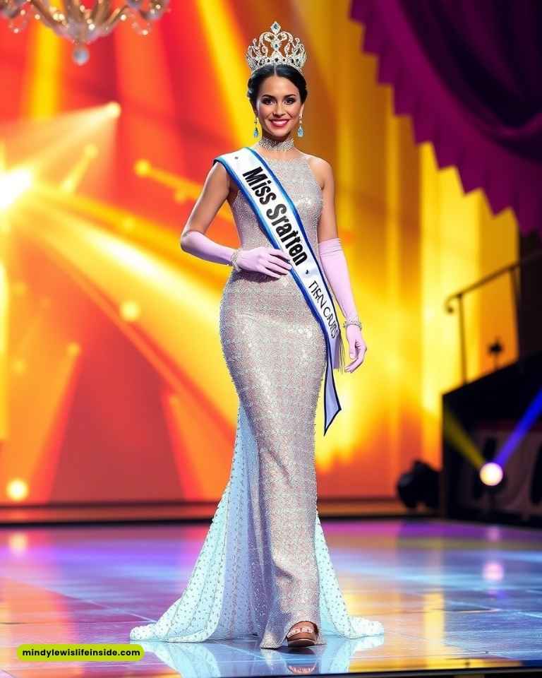 A woman in a shimmering gown and tiara stands on stage with a "Miss Stanton" sash. She wears pink gloves, exuding elegance and confidence. Bright, warm lighting enhances the celebratory atmosphere.