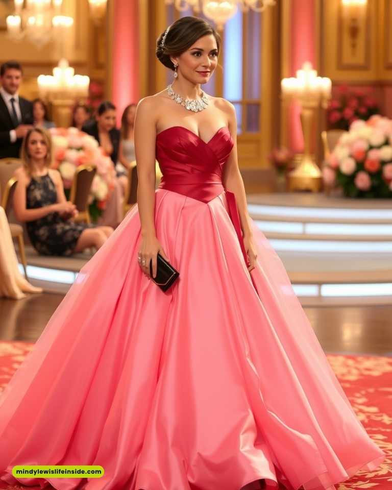 A woman in a pink ball gown with a red sweetheart neckline stands elegantly in a lavish room. She holds a black clutch and wears a sparkling necklace. The room is decorated with chandeliers and floral arrangements, creating a luxurious atmosphere.