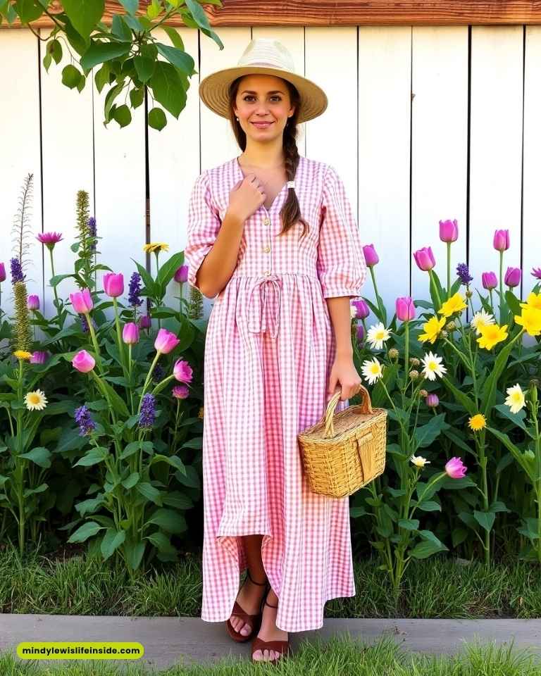 Young woman in a pink gingham dress and straw hat stands in a colorful flower garden, holding a wicker basket. She smiles warmly, evoking a serene, summery vibe.