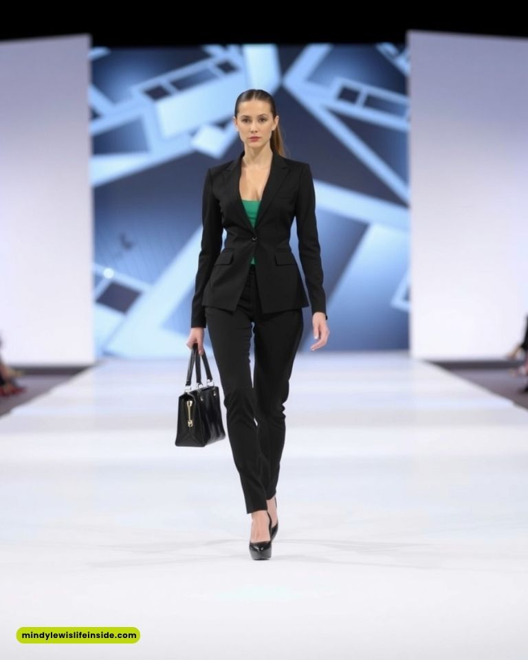 A model walks confidently on a runway, wearing a black suit and holding a black handbag. The background features abstract geometric designs.