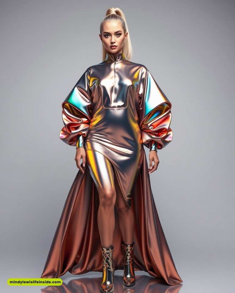 A model in a futuristic, metallic iridescent dress with voluminous sleeves and a high-low hemline stands confidently. She wears high ponytail and edgy boots.