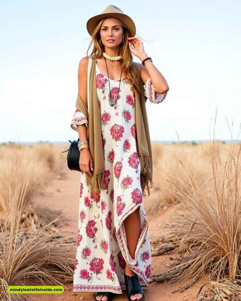 A woman in a floral maxi dress and wide-brimmed hat stands on a sandy path surrounded by dry grass. She exudes a bohemian vibe, with layered necklaces and a shawl.