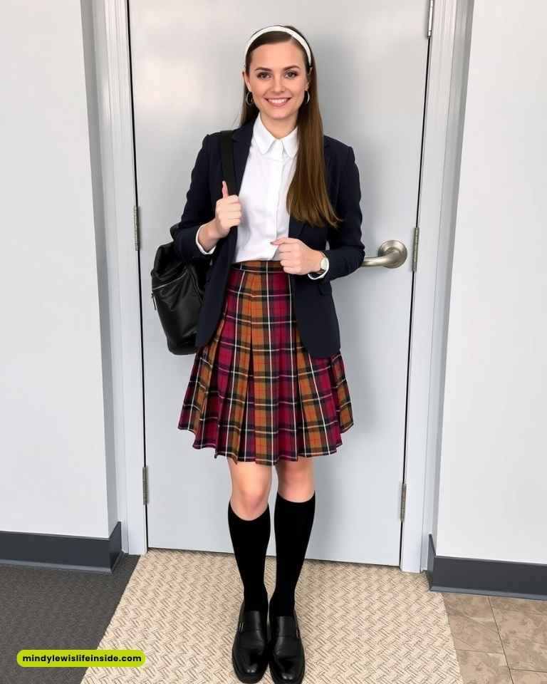 Young woman in a plaid skirt, white shirt, and navy blazer smiles confidently. She carries a black bag, with knee-high socks and loafers, standing indoors.