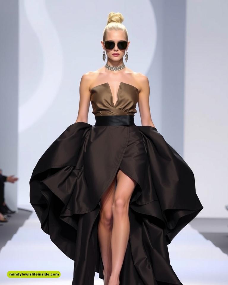 A model walks down a runway in an elegant, strapless brown gown with a voluminous skirt. She wears dark sunglasses, a choker necklace, and exudes confidence.