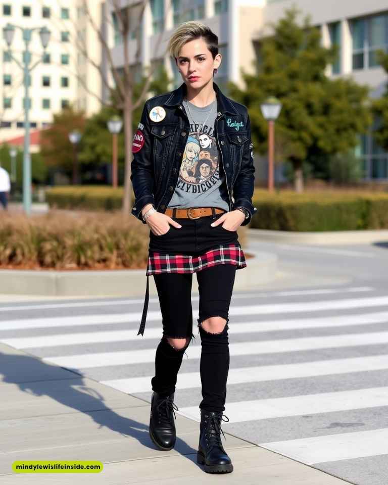 A person with short hair and a confident pose walks on a crosswalk. They wear a black denim jacket with patches, a graphic tee, ripped black jeans, and combat boots, exuding a punk style.