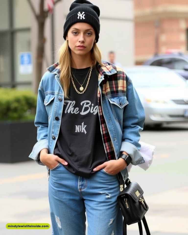 Young woman in denim jacket with plaid lining and jeans, wearing a black beanie with a logo. Her T-shirt reads "The Big." She appears relaxed and trendy.