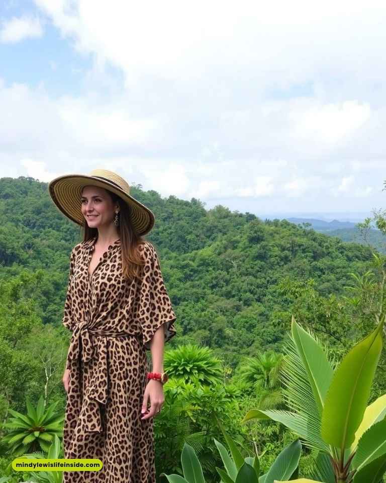 Woman in a leopard print dress and wide-brimmed straw hat smiles in a lush green forest landscape with a hilly backdrop under a partly cloudy sky.