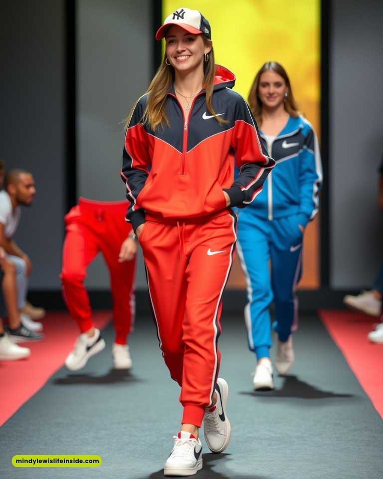A smiling woman models a red Nike tracksuit with matching sneakers and a baseball cap, confidently walking down a fashion runway. Behind her, two others wear similar outfits, one in a blue tracksuit. The atmosphere is energetic and sporty.