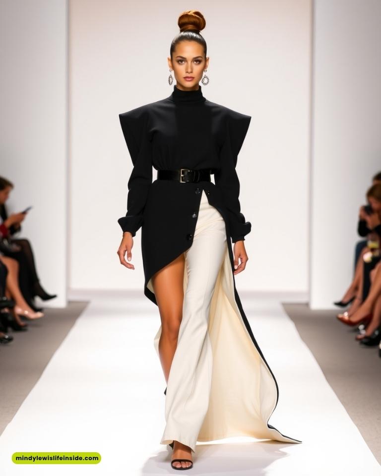 Woman confidently walks the runway in a chic black top and flowing cream skirt. The look is elegant and modern against a minimalist background.