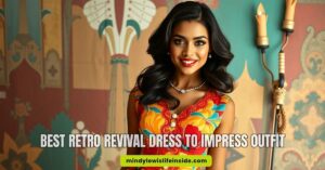 Smiling woman in a vibrant floral dress stands against a colorful, ornate background. She exudes elegance and warmth, enhancing the lively atmosphere.