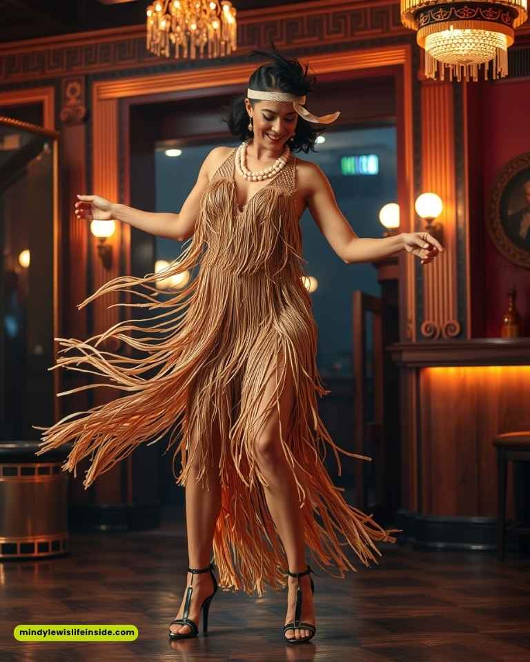 A woman joyfully dances in a vintage speakeasy, wearing a fringe dress and headband. The vibrant room has chandeliers and art deco decor, evoking a lively, 1920s ambiance.