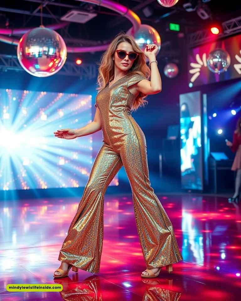A woman in a sparkling gold jumpsuit and sunglasses dances confidently on a vibrant, disco-lit floor. Disco balls and colorful lights set a lively tone.