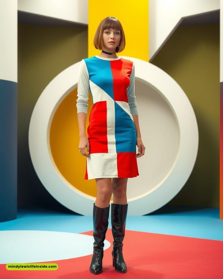 A woman stands confidently in a geometric, colorful dress of red, blue, and white. Background features bold shapes and primary colors, evoking a modern, stylish tone.