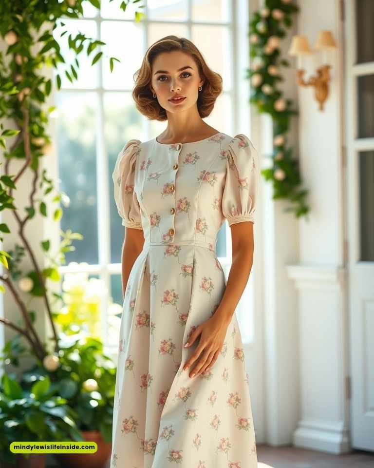 Woman in floral dress stands in sunlit room with vintage-style decor. She appears serene, surrounded by green plants and a large window.