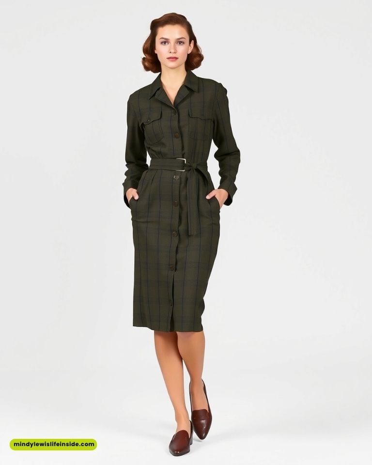 Woman in a vintage green plaid dress with a belted waist, hands in pockets. She stands confidently against a white background, exuding a retro vibe.