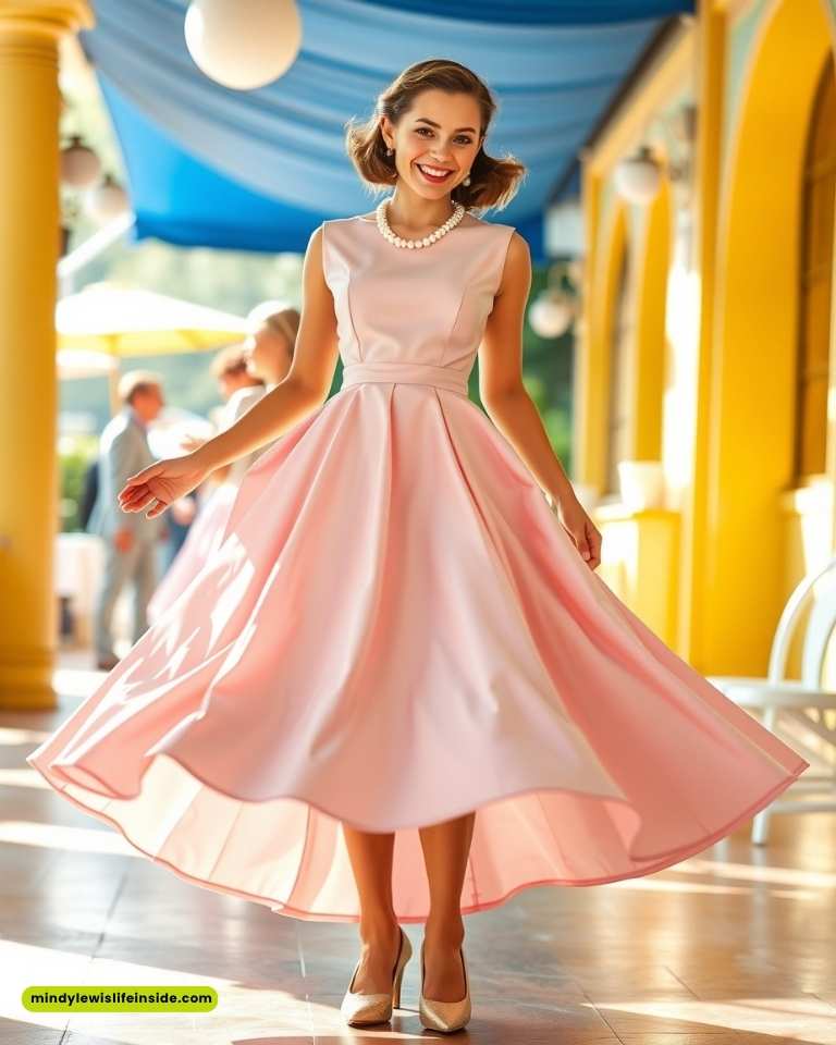 Smiling woman twirling in a flowing pink dress and pearls, under a blue canopy. Sunlit, elegant setting with yellow columns. Joyful and vibrant atmosphere.