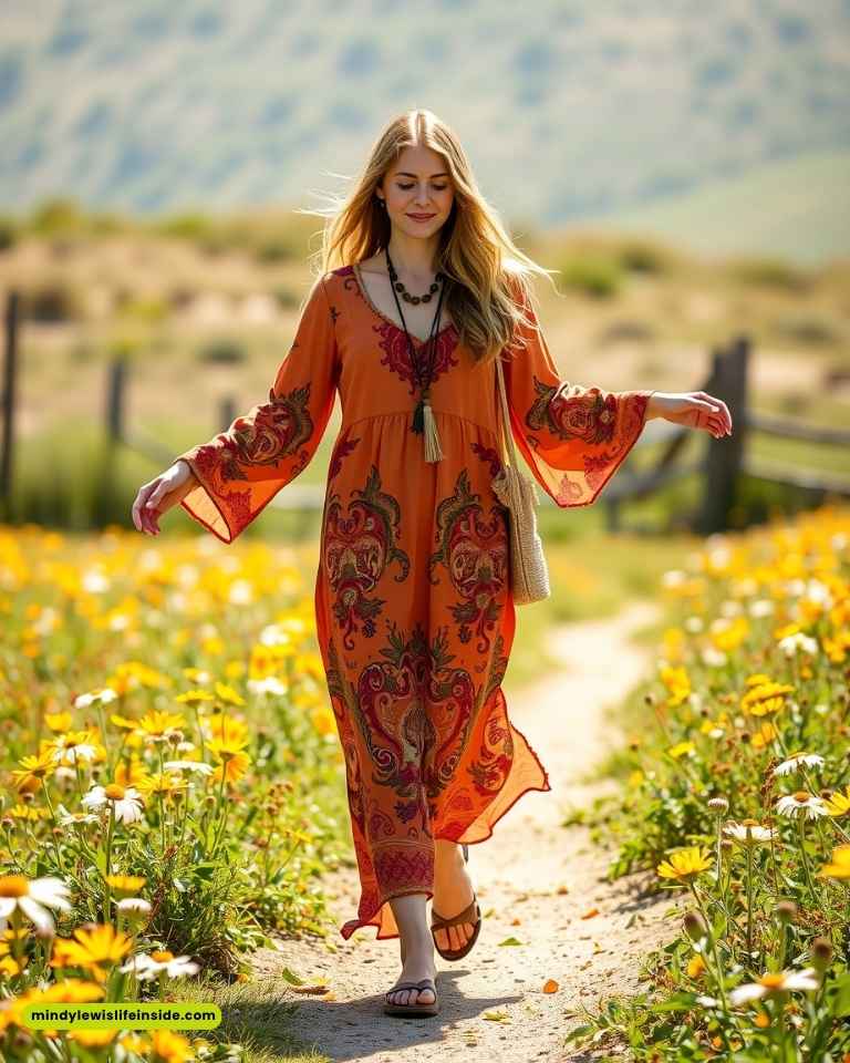 A woman in an ornate orange dress walks along a flower-lined path, smiling gently. The scene is bright and tranquil, evoking a sense of peace.