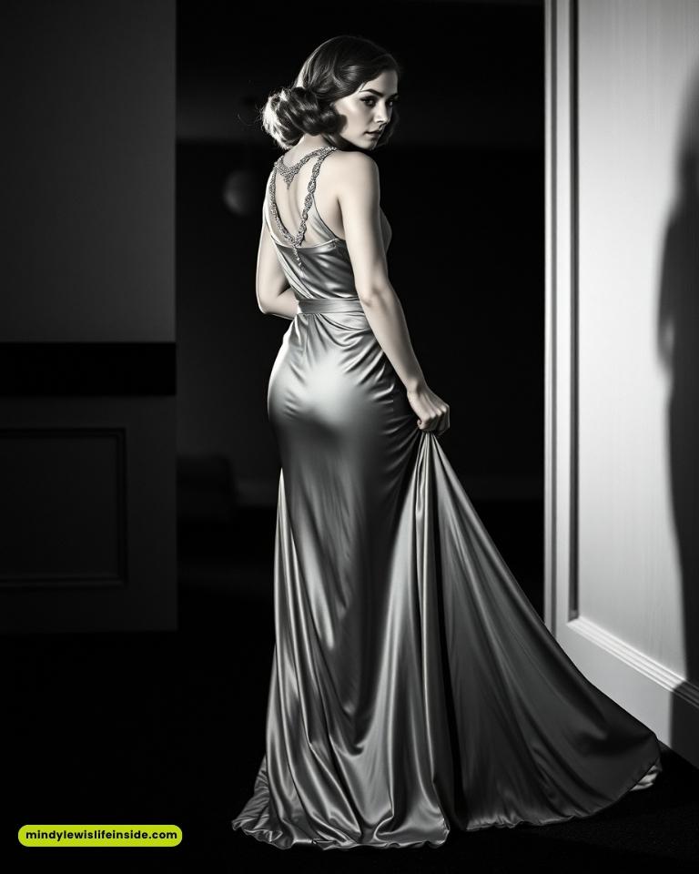 Woman in a satin gown with intricate straps stands in a dimly lit hallway, looking back with a poised expression, exuding elegance and mystery.