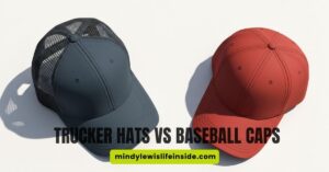 Two caps on a light background: a dark blue trucker hat with mesh back and a solid red baseball cap. Text reads "Trucker Hats vs Baseball Caps."