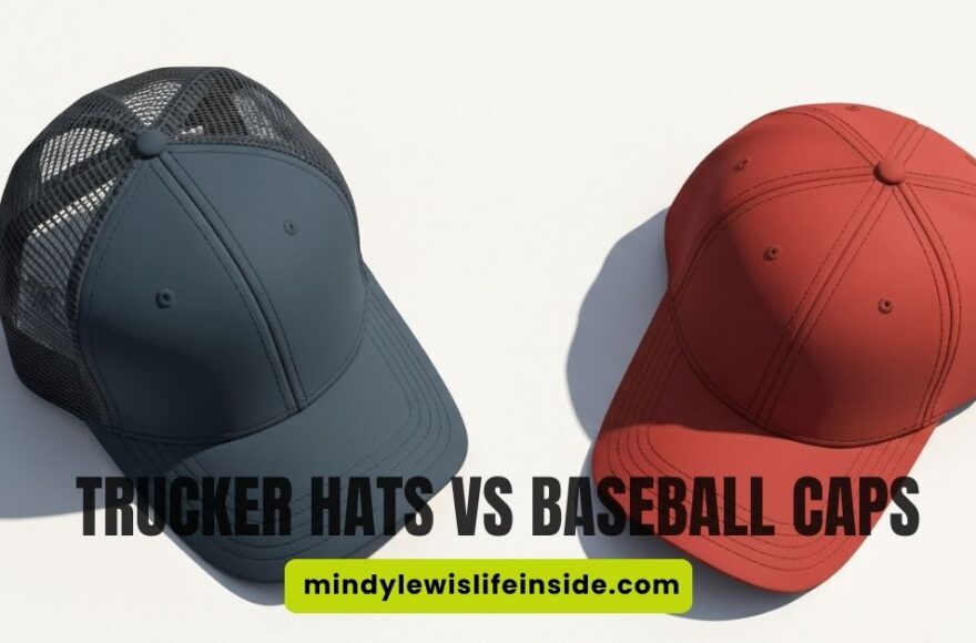 Two caps on a light background: a dark blue trucker hat with mesh back and a solid red baseball cap. Text reads "Trucker Hats vs Baseball Caps."