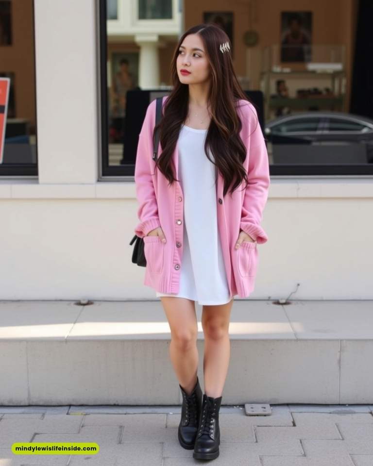 Young woman standing outdoors wearing a white dress, pink cardigan, and black boots. Her long hair is styled with a hair clip, conveying a stylish, relaxed vibe.