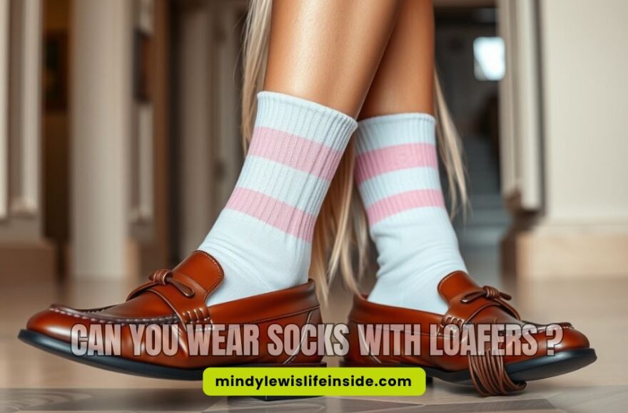 A person wearing brown loafers paired with white socks featuring pink stripes is seated indoors. Text overlay asks, "Can you wear socks with loafers?"