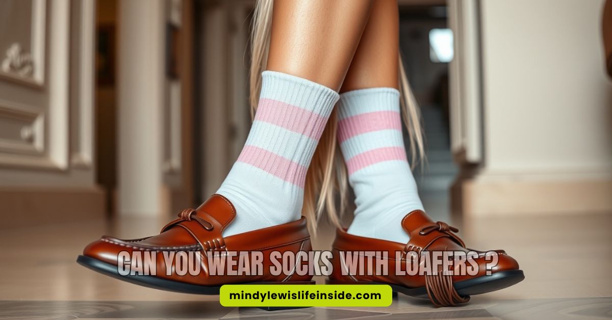 A person wearing brown loafers paired with white socks featuring pink stripes is seated indoors. Text overlay asks, "Can you wear socks with loafers?"