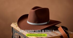 A brown cowboy hat with a silver band rests on a wooden surface, exuding a rustic feel. The text reads "Are Cowboy Hats in Style?" against a warm backdrop.