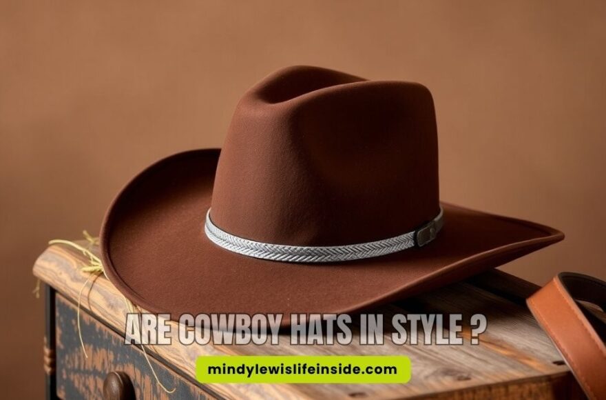 A brown cowboy hat with a silver band rests on a wooden surface, exuding a rustic feel. The text reads "Are Cowboy Hats in Style?" against a warm backdrop.