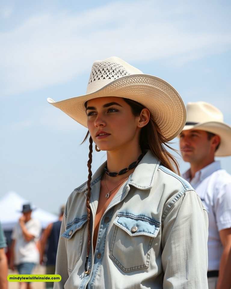 Woman in a straw cowboy hat and denim shirt stands outdoors, exuding confidence. Background includes a man in a hat and blue sky, creating a Western feel.
