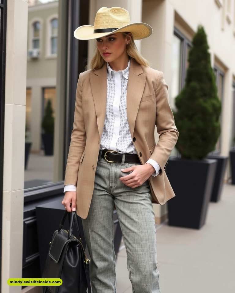 A woman in a beige blazer and straw hat walks on a city sidewalk. She carries a black handbag, exuding a chic, sophisticated style.