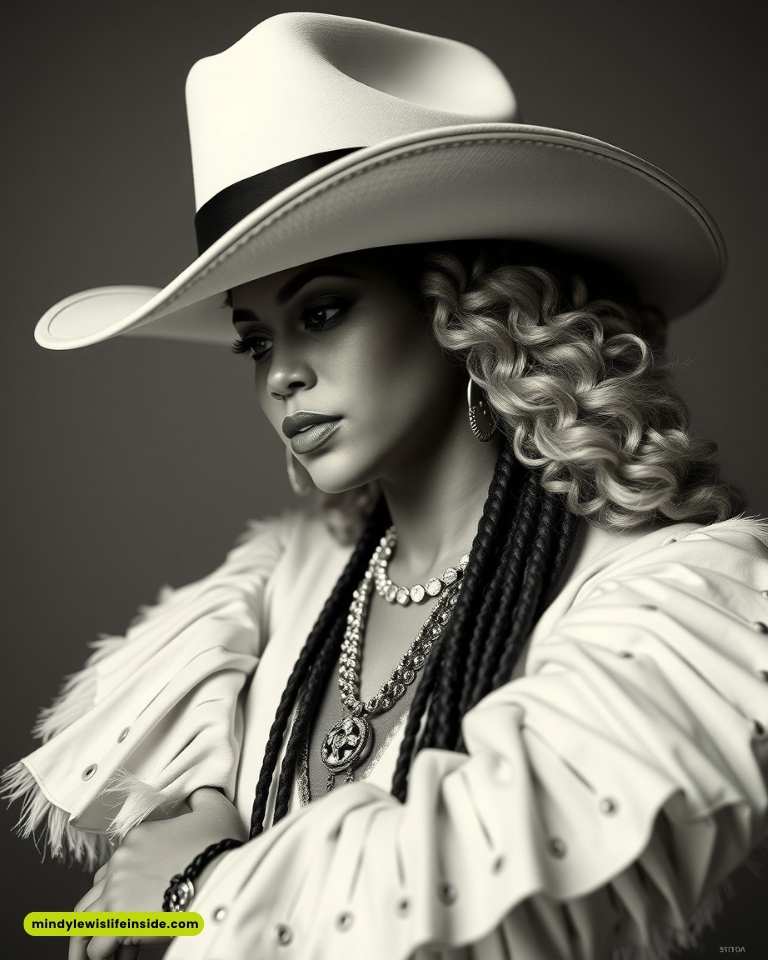 A woman in a cowboy hat and layered jewelry gazes thoughtfully. She wears a studded jacket and has braided hair, exuding a vintage western vibe.