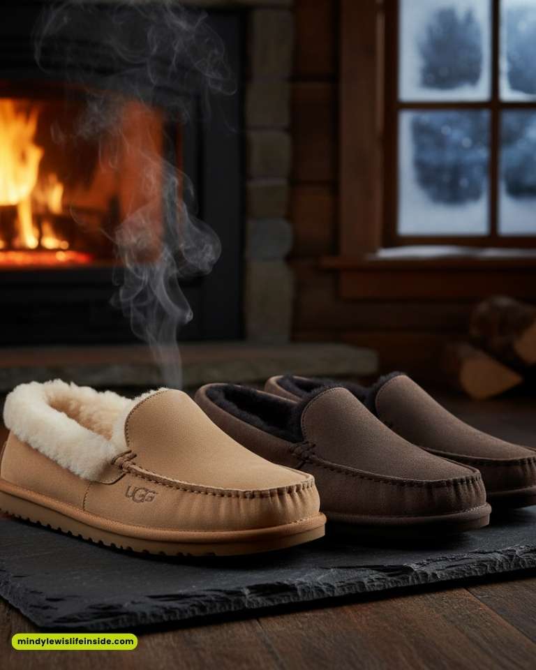 Cozy slippers on a slate surface in front of a warm fireplace with a crackling fire. A snowy window in the background adds a wintery feel.