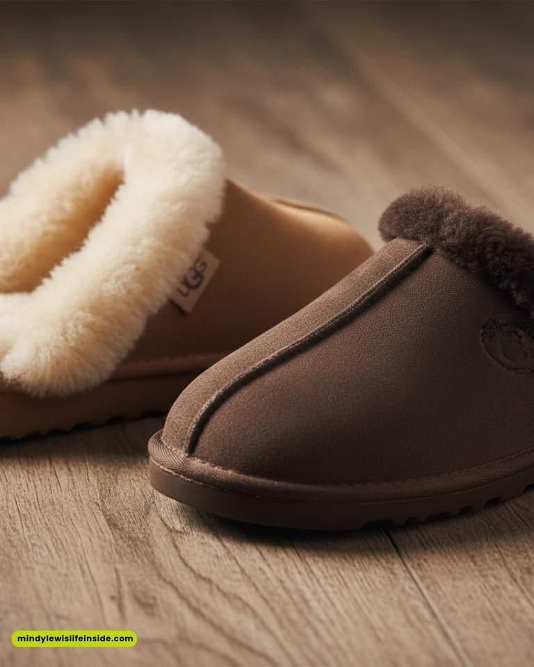 Cozy brown slippers with soft fleece lining, resting on a wooden floor. One slipper showcases a tag, creating a warm and inviting atmosphere.