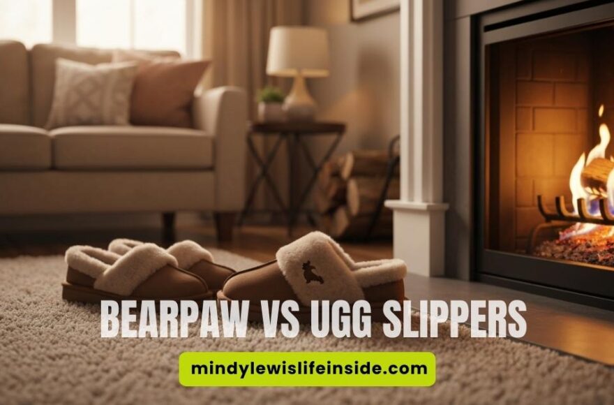 Cozy living room with slippers by a fireplace on a plush rug. Text reads "BEARPAW VS UGG SLIPPERS" against a warm, inviting atmosphere.