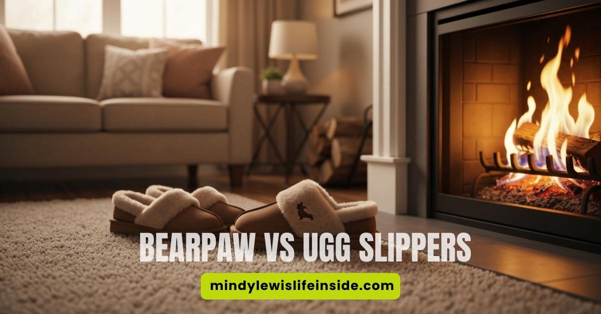 Cozy living room with slippers by a fireplace on a plush rug. Text reads "BEARPAW VS UGG SLIPPERS" against a warm, inviting atmosphere.